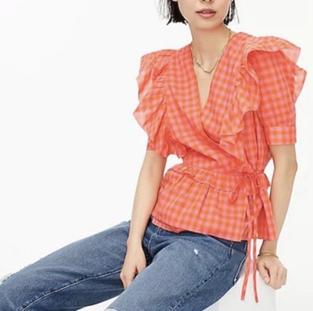J. Crew Orange & Pink Gingham Short Sleeve Ruffle Wrap Blouse Size Extra Small